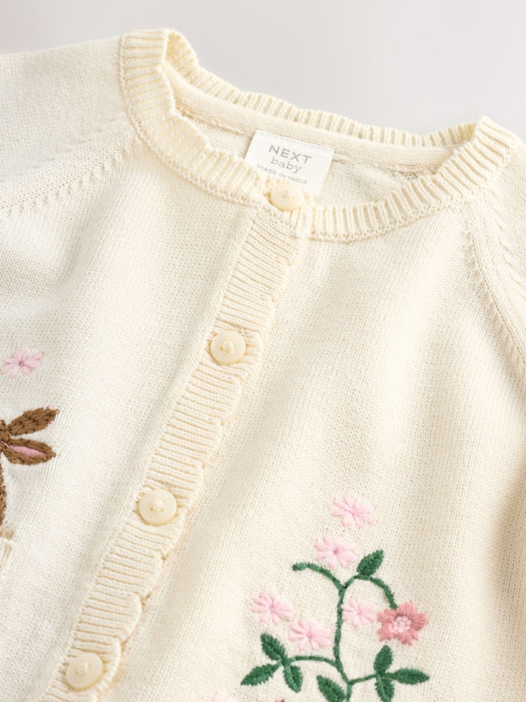 Natural Embroidered Baby Bunny Cardigan (0mths-3yrs) - Size 50cm (First Size)