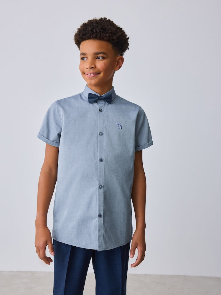 Baker by Ted Baker Blue Short Sleeve Shirt with Bow Tie - Size 4 Years (104cm) - Blue
