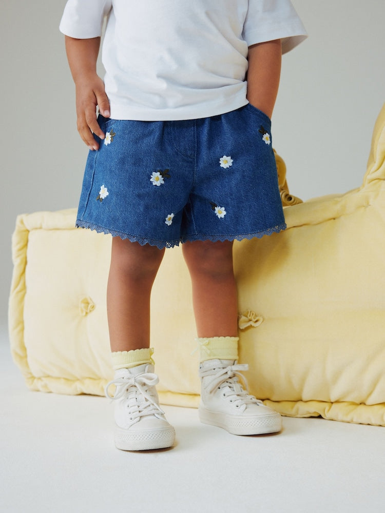 Mid Blue Daisy Embroidered Denim Shorts (3mths-7yrs) - Mid Blue Daisy Embroidered Denim / 12-18 Months (80-86cm)