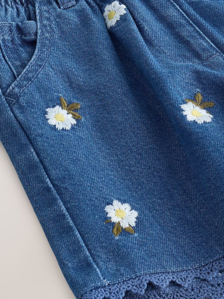 Mid Blue Daisy Embroidered Denim Shorts (3mths-7yrs)