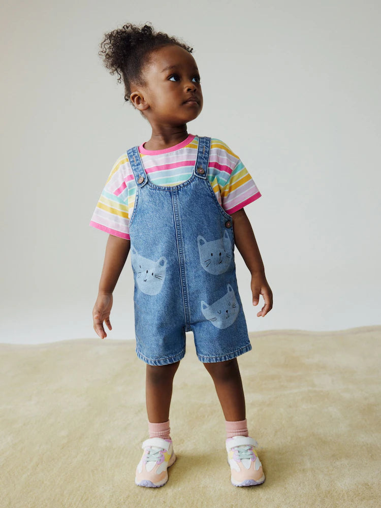 Mid Wash Denim Cat Printed Dungarees and T-Shirt Set (3mths-7yrs)