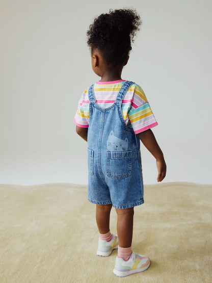 Mid Wash Denim Cat Printed Dungarees and T-Shirt Set (3mths-7yrs)