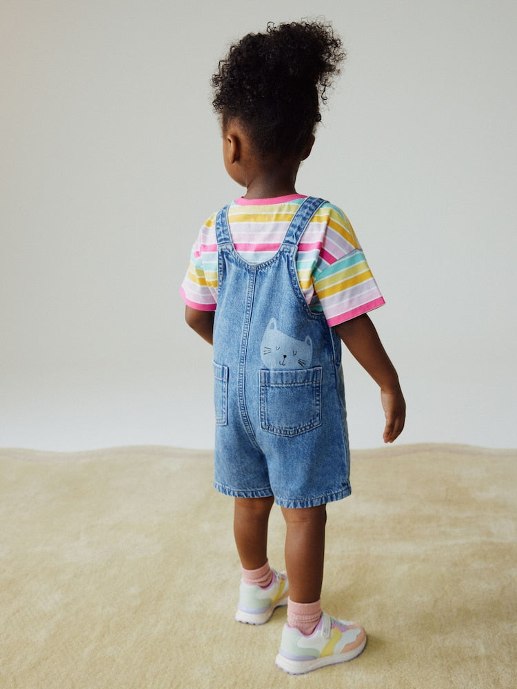 Mid Wash Denim Cat Printed Dungarees and T-Shirt Set (3mths-7yrs)
