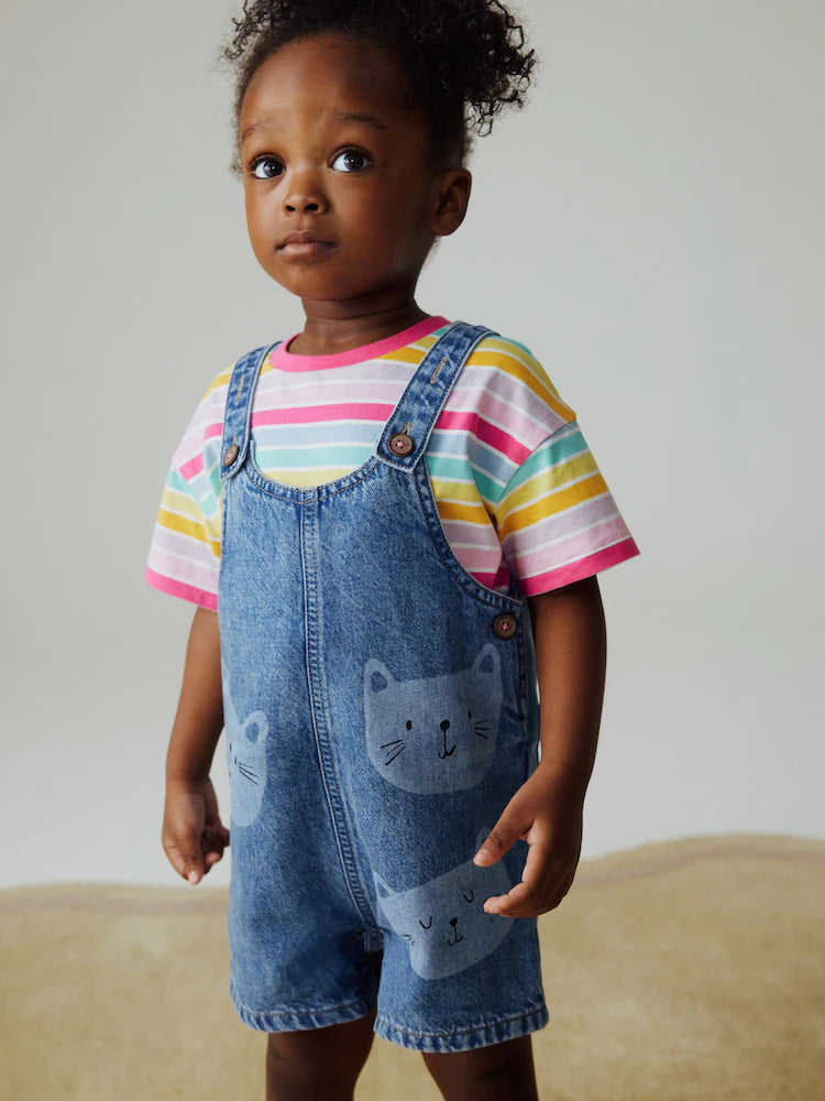 Mid Wash Denim Cat Printed Dungarees and T-Shirt Set (3mths-7yrs)