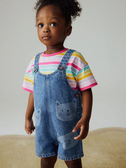Mid Wash Denim Cat Printed Dungarees and T-Shirt Set (3mths-7yrs)