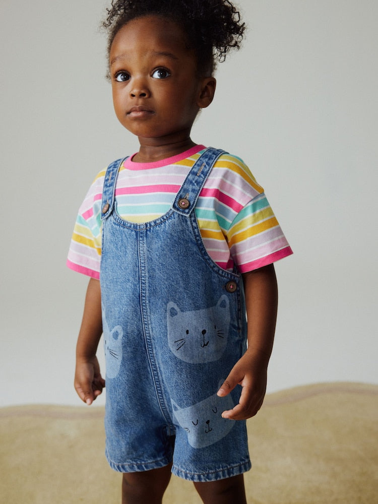 Mid Wash Denim Cat Printed Dungarees and T-Shirt Set (3mths-7yrs)