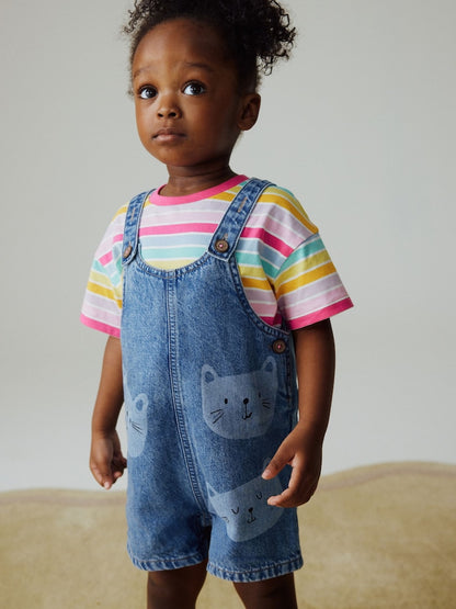 Mid Wash Denim Cat Printed Dungarees and T-Shirt Set (3mths-7yrs)