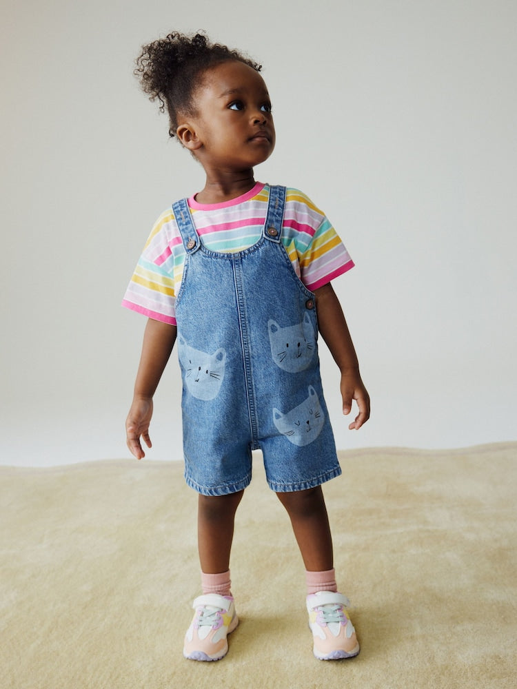 Mid Wash Denim Cat Printed Dungarees and T-Shirt Set (3mths-7yrs)