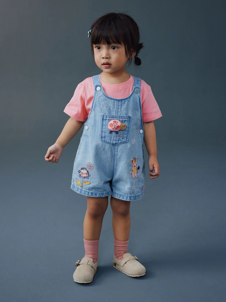 Light Blue Denim Ladybug Embroidered Dungaree and T-Shirt Set (3mths-7yrs)