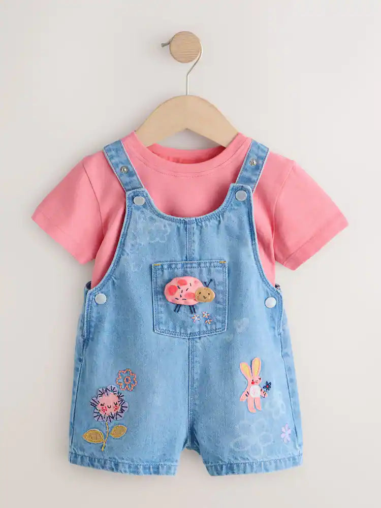 Light Blue Denim Ladybug Embroidered Dungaree and T-Shirt Set (3mths-7yrs)