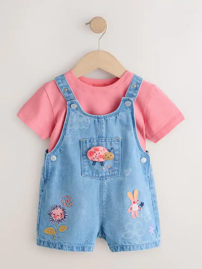 Light Blue Denim Ladybug Embroidered Dungaree and T-Shirt Set (3mths-7yrs)