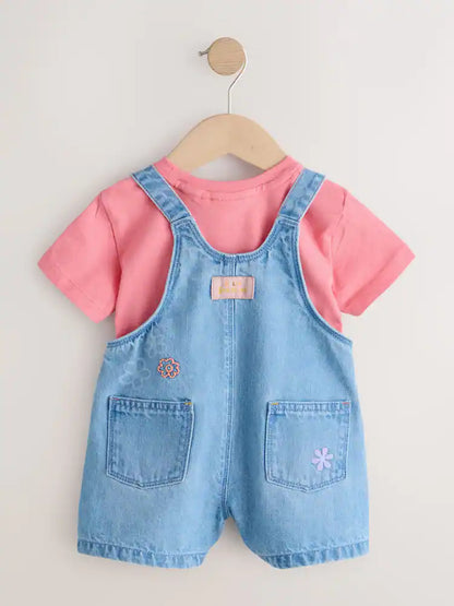 Light Blue Denim Ladybug Embroidered Dungaree and T-Shirt Set (3mths-7yrs)
