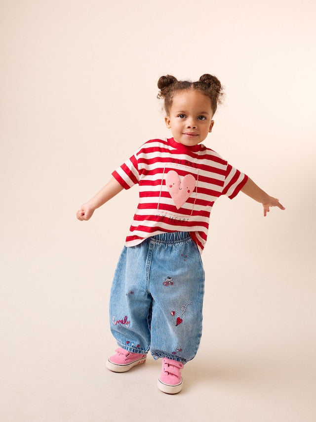 Red Hearts Embroidered Jeans (3mths-7yrs) - Size 3-6 Months (62-68cm)