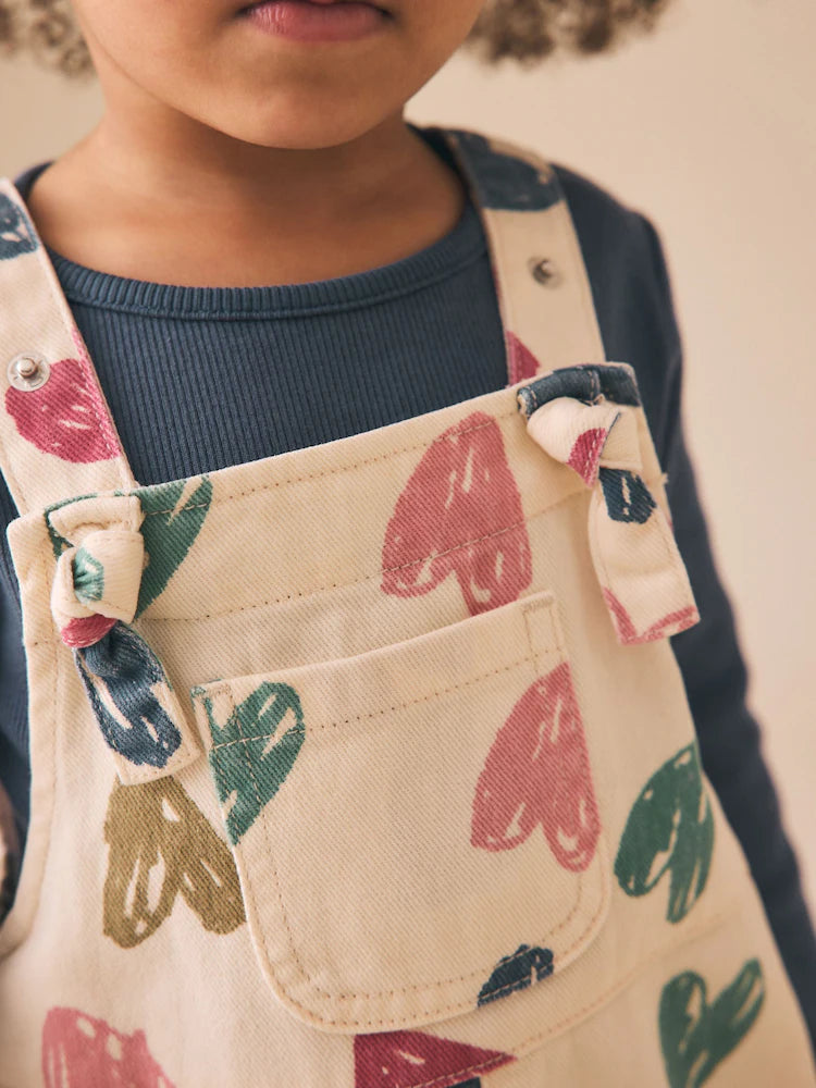 Ecru Heart Print Dungarees and T-Shirt Set (3mths-7yrs)