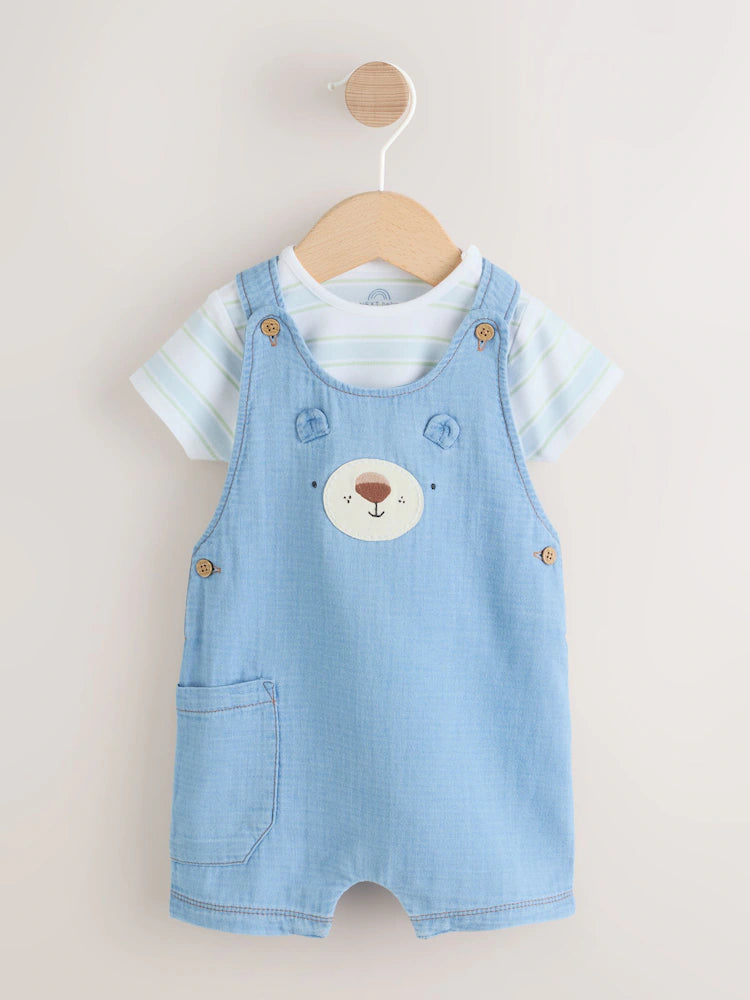 Blue Bear Woven Dungarees and Bodysuit Baby Set (0mths-2yrs)