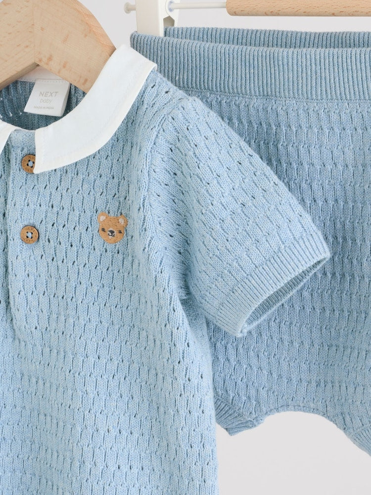 Blue Collared Knit Top and Shorts Baby Set (0mths-2yrs)