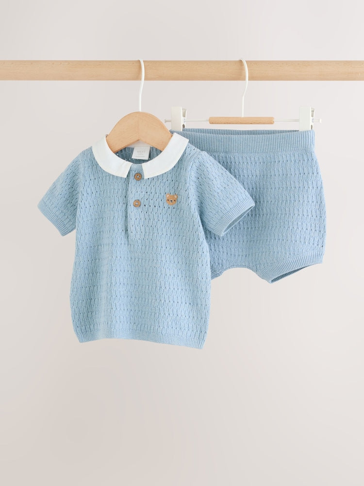 Blue Collared Knit Top and Shorts Baby Set (0mths-2yrs)