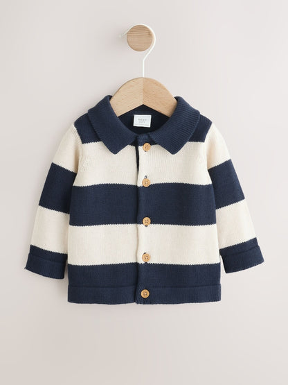 Navy Blue Baby Knitted Striped Cardigan With Collar (0mths-2yrs) - Size Up to 1 Month (56cm)
