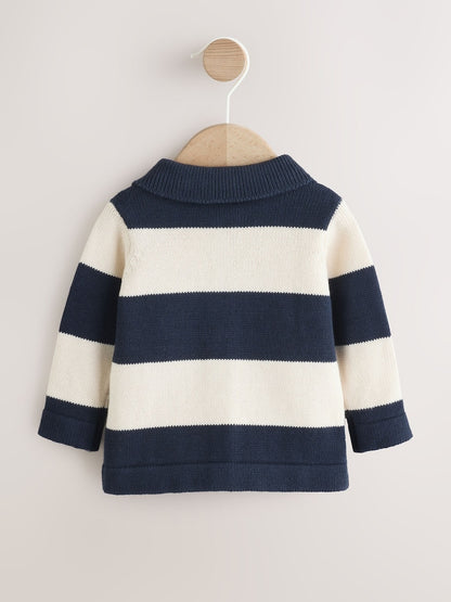 Navy Blue Baby Knitted Striped Cardigan With Collar (0mths-2yrs) - Size Up to 1 Month (56cm)