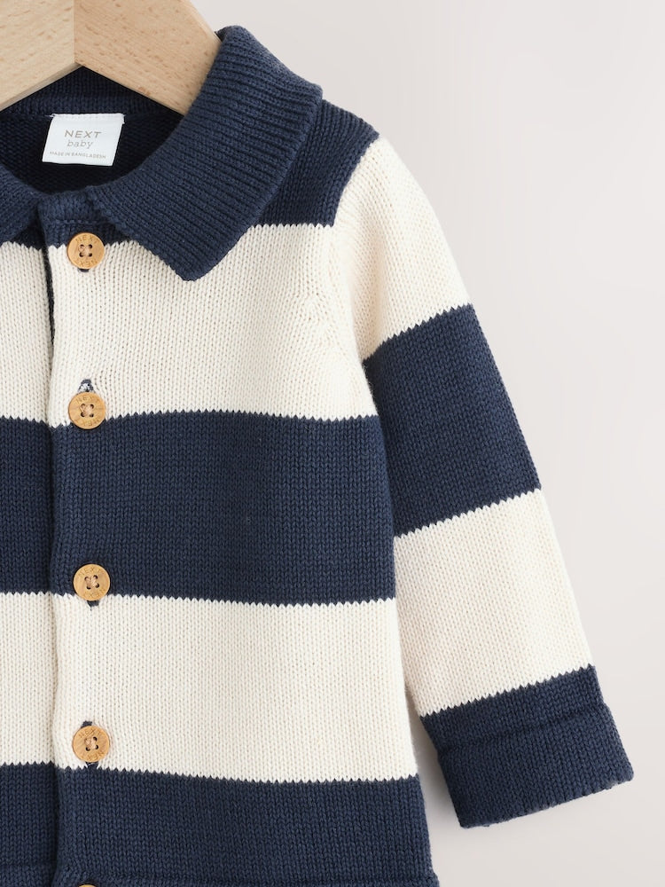 Navy Blue Baby Knitted Striped Cardigan With Collar (0mths-2yrs) - Size Up to 1 Month (56cm)