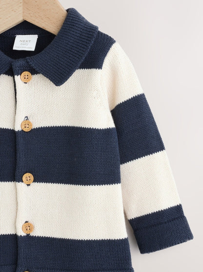 Navy Blue Baby Knitted Striped Cardigan With Collar (0mths-2yrs) - Size Up to 1 Month (56cm)