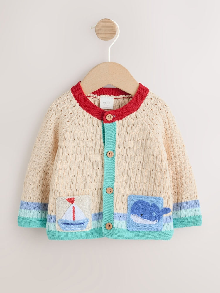 Natural Crochet Embroidered Knitted Nautical Baby Cardigan (0mths-2yrs) - Size 50cm (First Size)