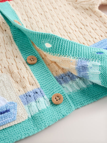 Natural Crochet Embroidered Knitted Nautical Baby Cardigan (0mths-2yrs) - Size 50cm (First Size)