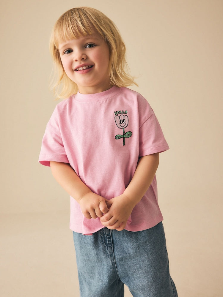 Pink Flower Short Sleeve Embroidered T-Shirt (3mths-7yrs)