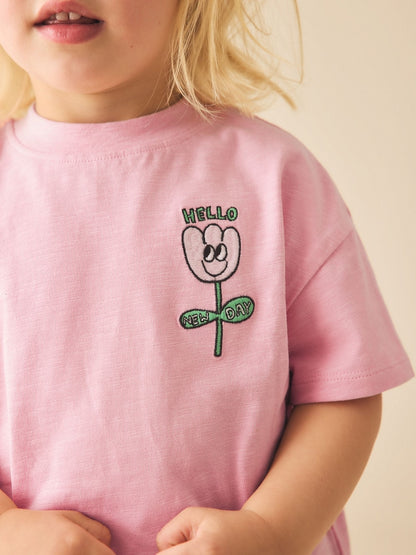 Pink Flower Short Sleeve Embroidered T-Shirt (3mths-7yrs)