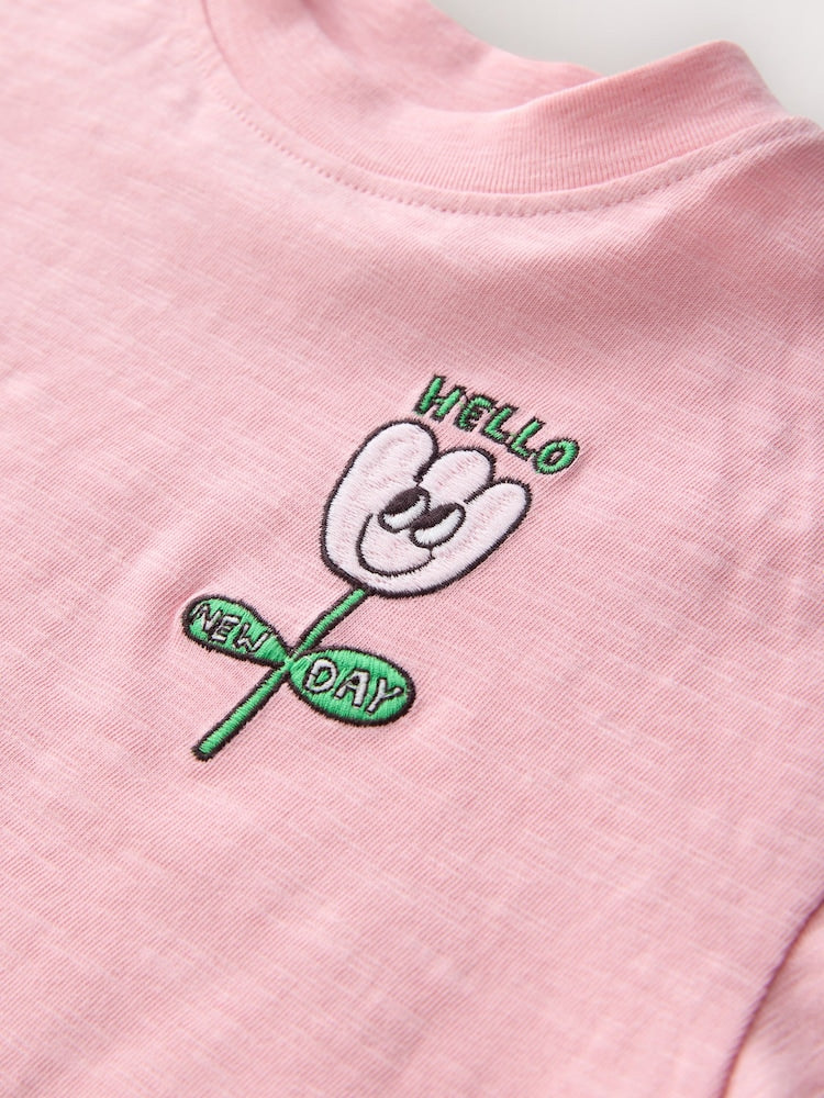 Pink Flower Short Sleeve Embroidered T-Shirt (3mths-7yrs)