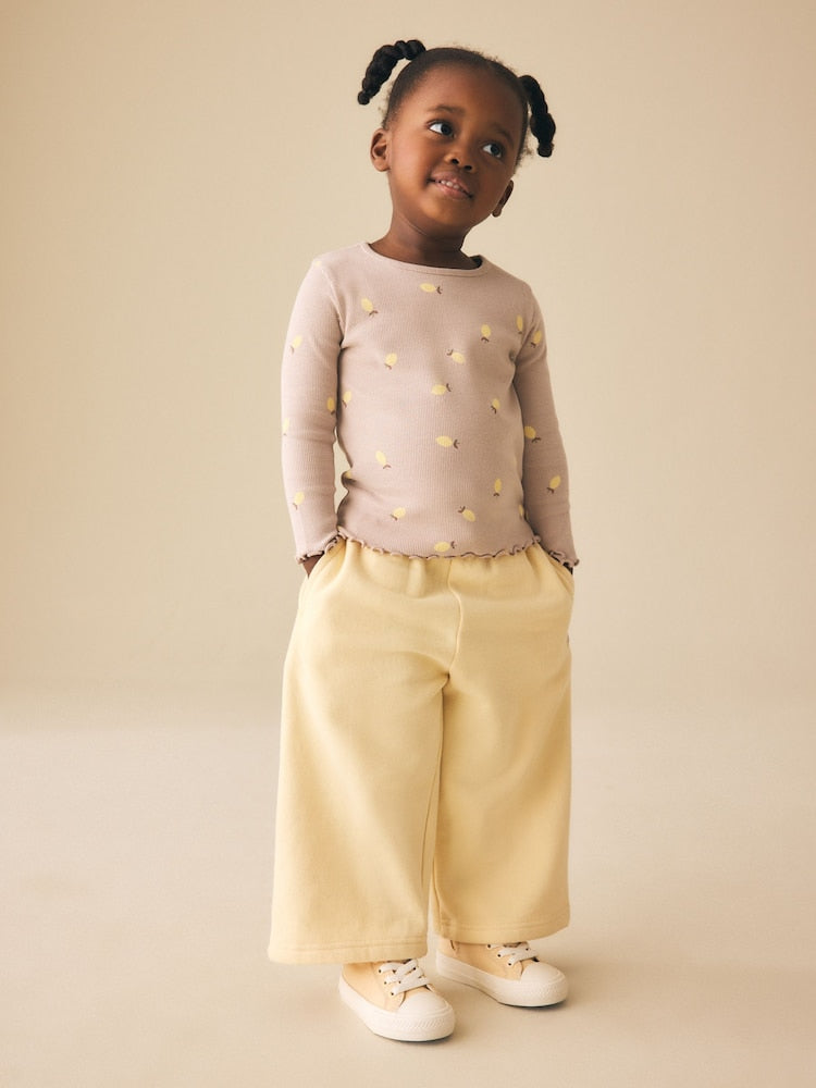Neutral Lemon Print Rib Long Sleeve T-Shirt (3mths-7yrs)