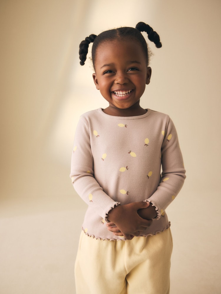 Neutral Lemon Print Rib Long Sleeve T-Shirt (3mths-7yrs)
