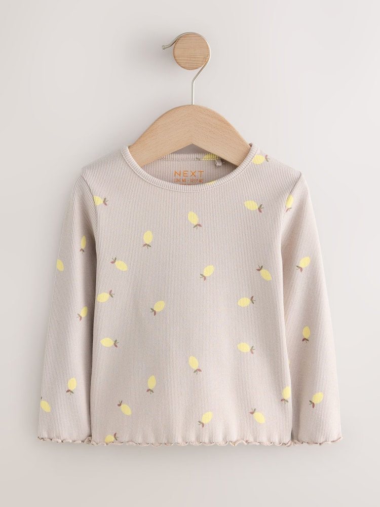 Neutral Lemon Print Rib Long Sleeve T-Shirt (3mths-7yrs)
