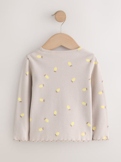 Neutral Lemon Print Rib Long Sleeve T-Shirt (3mths-7yrs)