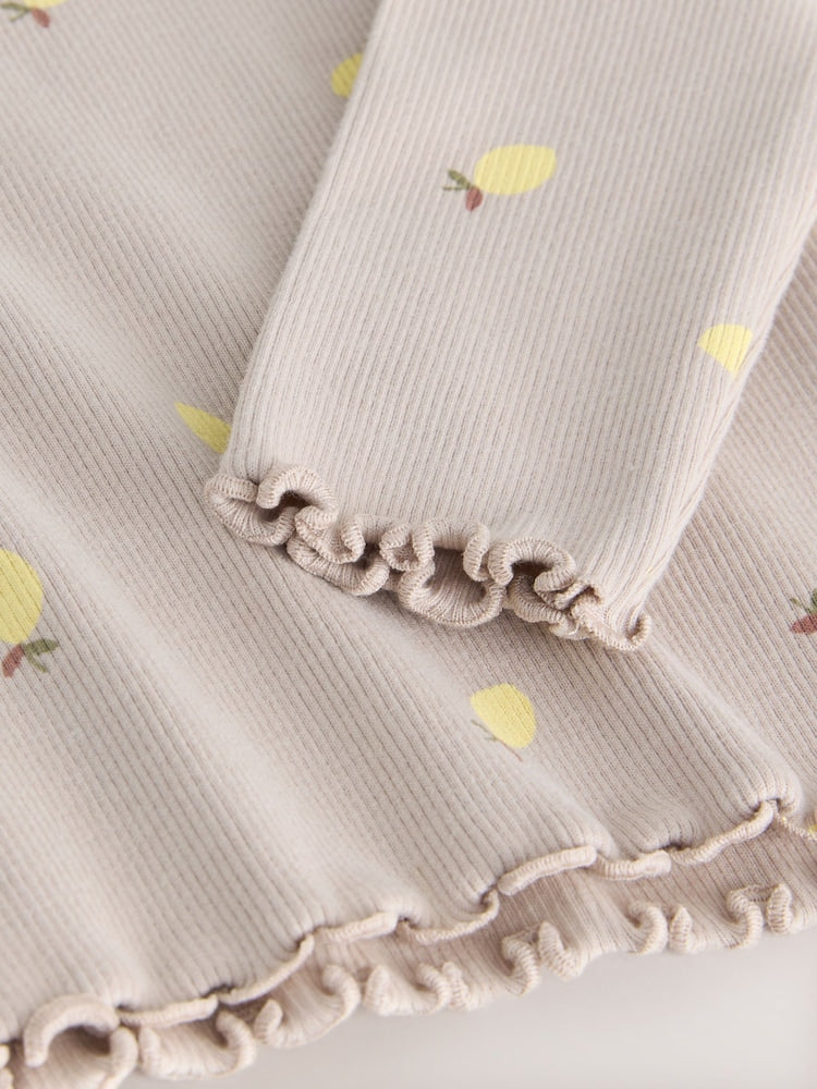 Neutral Lemon Print Rib Long Sleeve T-Shirt (3mths-7yrs)