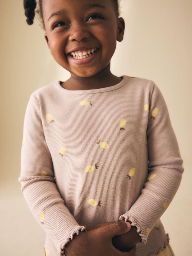 Neutral Lemon Print Rib Long Sleeve T-Shirt (3mths-7yrs)