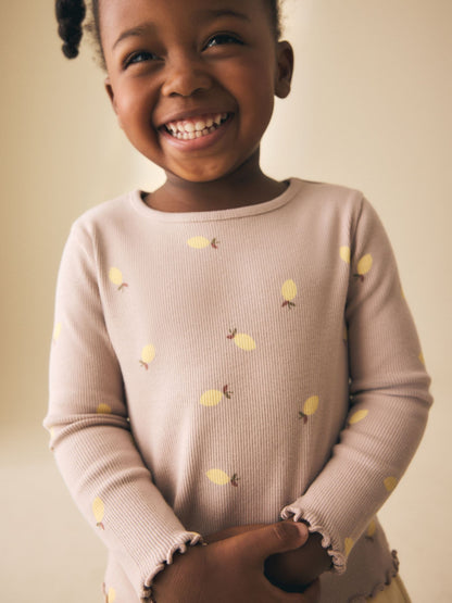 Neutral Lemon Print Rib Long Sleeve T-Shirt (3mths-7yrs) - Size 3-6 Months (62-68cm) - Default 1