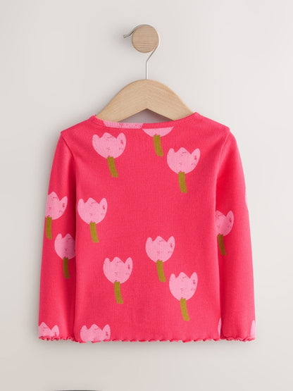 Pink/Red Flower Rib Long Sleeve T-Shirt (3mths-7yrs)