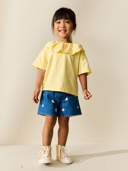 Yellow Short Sleeve Broderie Collar Top (3mths-7yrs)