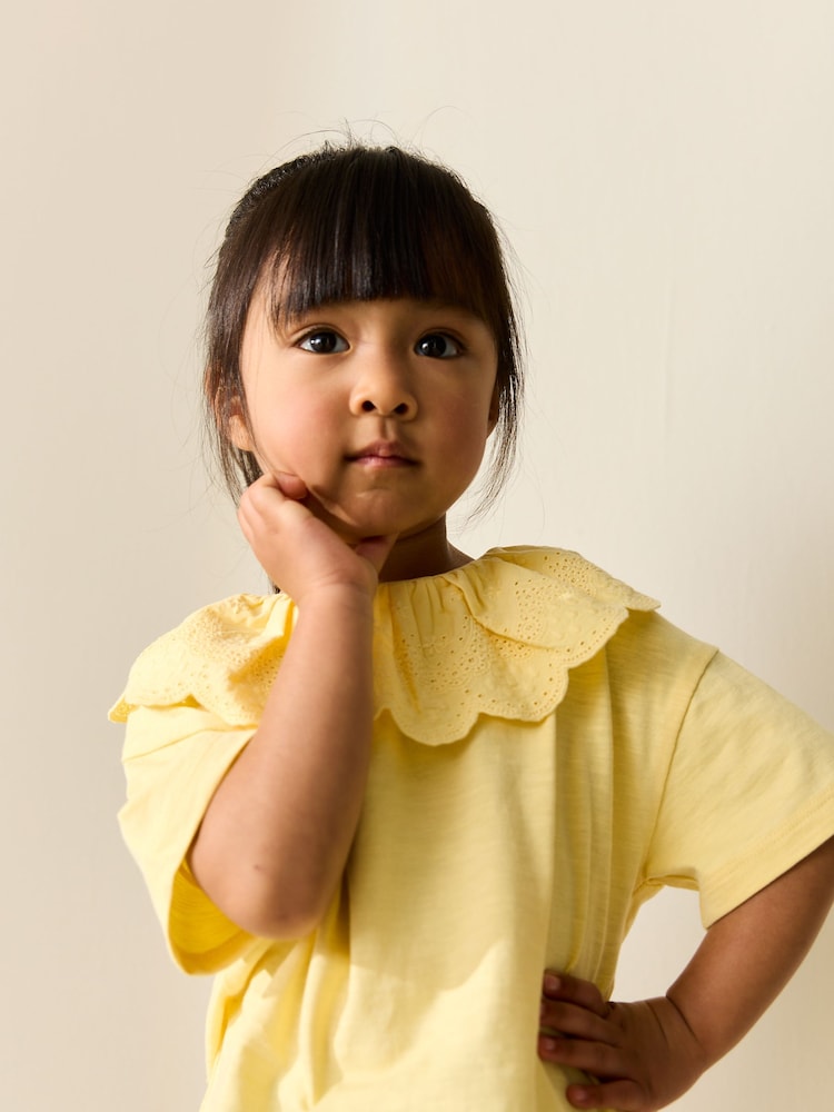 Yellow Short Sleeve Broderie Collar Top (3mths-7yrs)