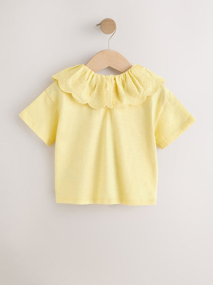 Yellow Short Sleeve Broderie Collar Top (3mths-7yrs)