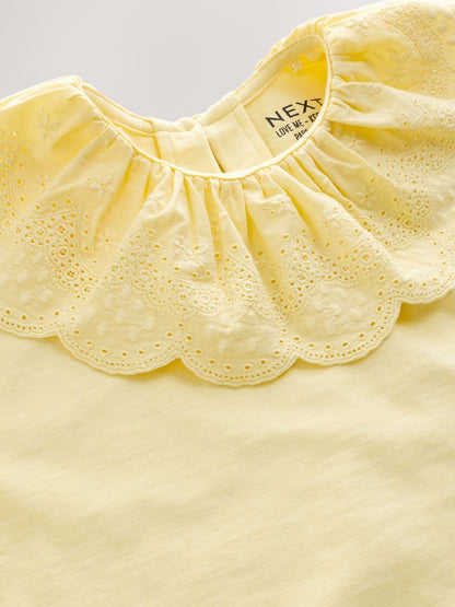 Yellow Short Sleeve Broderie Collar Top (3mths-7yrs)