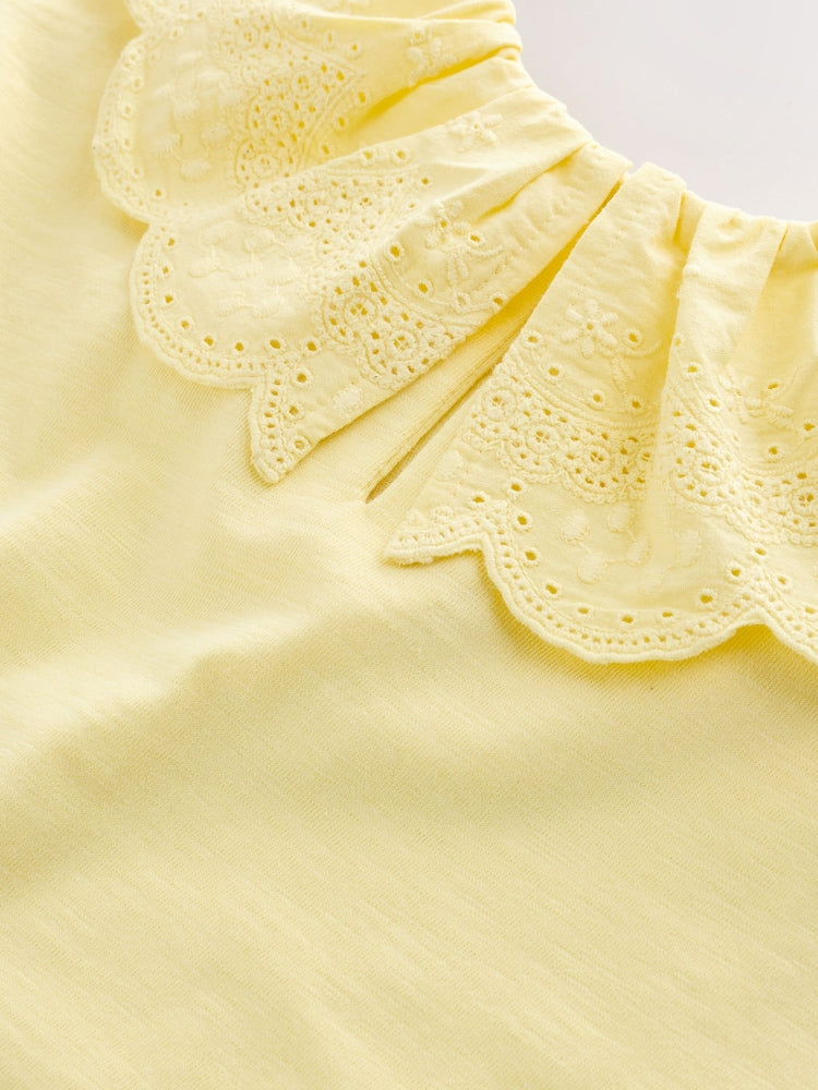 Yellow Short Sleeve Broderie Collar Top (3mths-7yrs)