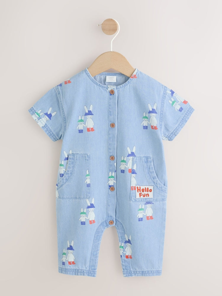 Blue Denim Rabbit Print Short Sleeve Baby Romper (0mths-3yrs) - Size Up to 1 Month (56cm) - Blue Denim Rabbit Print