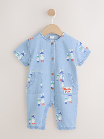 Blue Denim Rabbit Print Short Sleeve Baby Romper (0mths-3yrs) - Size Up to 1 Month (56cm) - Blue Denim Rabbit Print