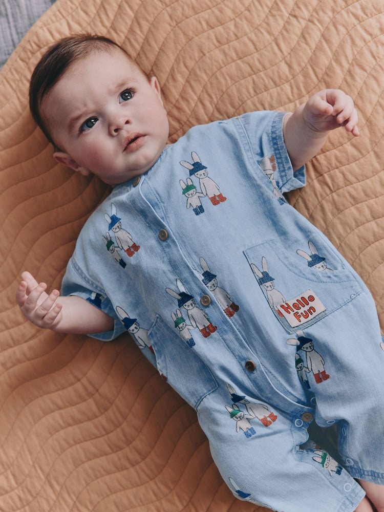 Blue Denim Rabbit Print Short Sleeve Baby Romper (0mths-3yrs) - Size Up to 1 Month (56cm)