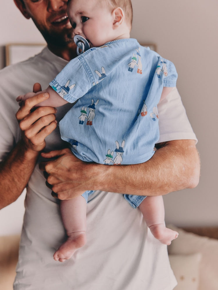 Blue Denim Rabbit Print Short Sleeve Baby Romper (0mths-3yrs) - Size Up to 1 Month (56cm)