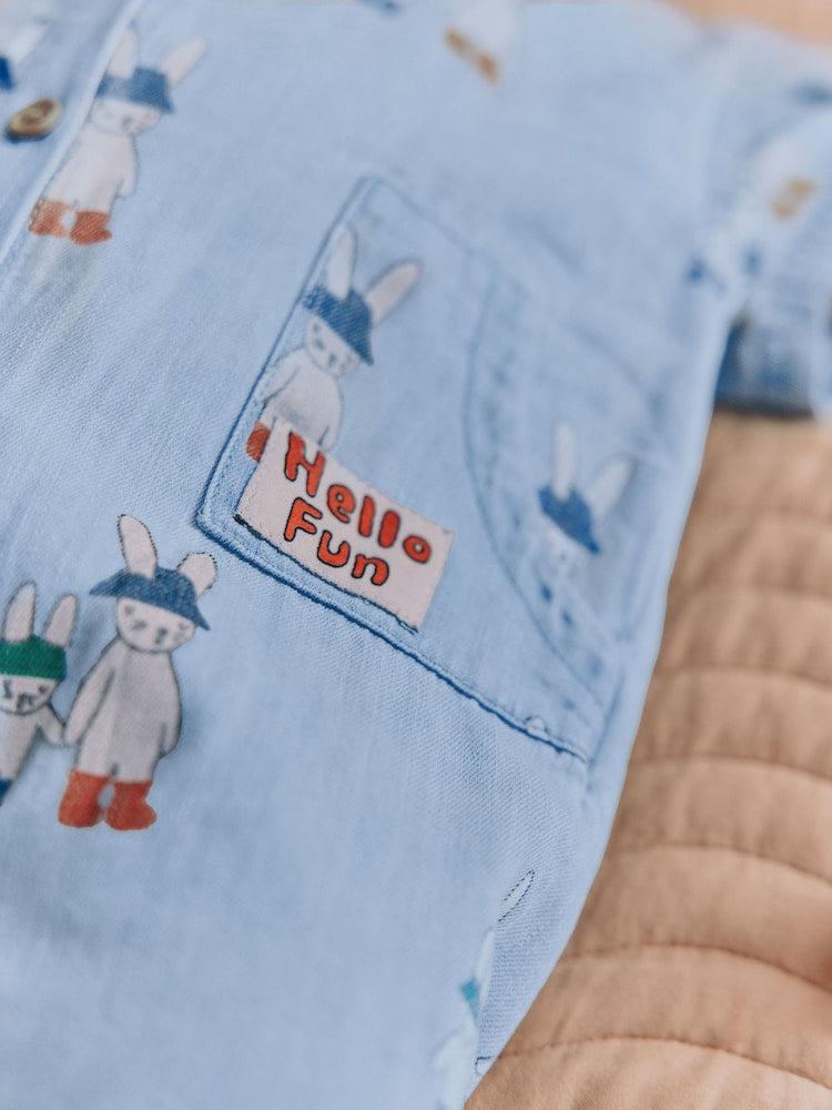 Blue Denim Rabbit Print Short Sleeve Baby Romper (0mths-3yrs) - Size Up to 1 Month (56cm)