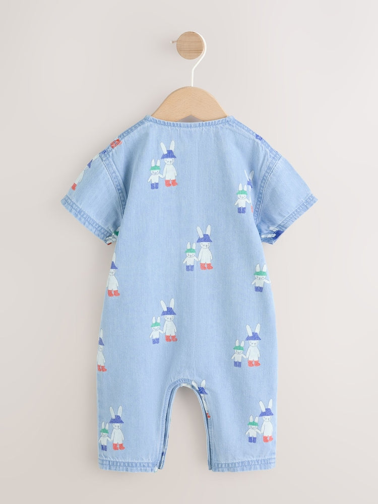 Blue Denim Rabbit Print Short Sleeve Baby Romper (0mths-3yrs) - Size Up to 1 Month (56cm)