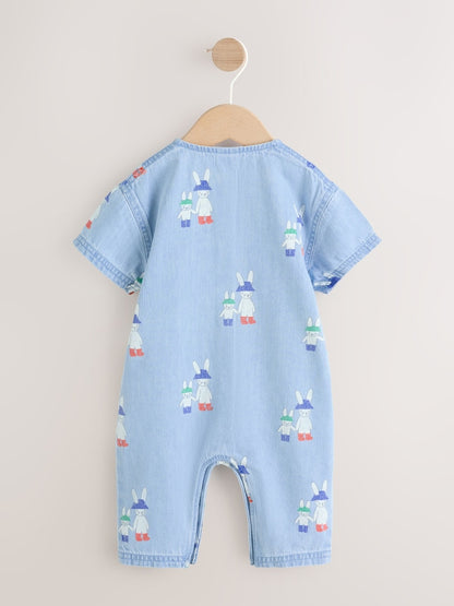Blue Denim Rabbit Print Short Sleeve Baby Romper (0mths-3yrs) - Size Up to 1 Month (56cm)